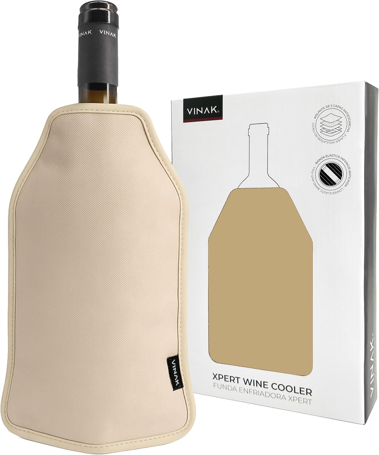 VINAK - Cooling Cover for Wine Bottles XPERT | Wine Cooler with High-Quality No-Frost Gel | Made of 5 Insulation Layers | Anti-Fall Elastic Band on the Bottom (Golden)