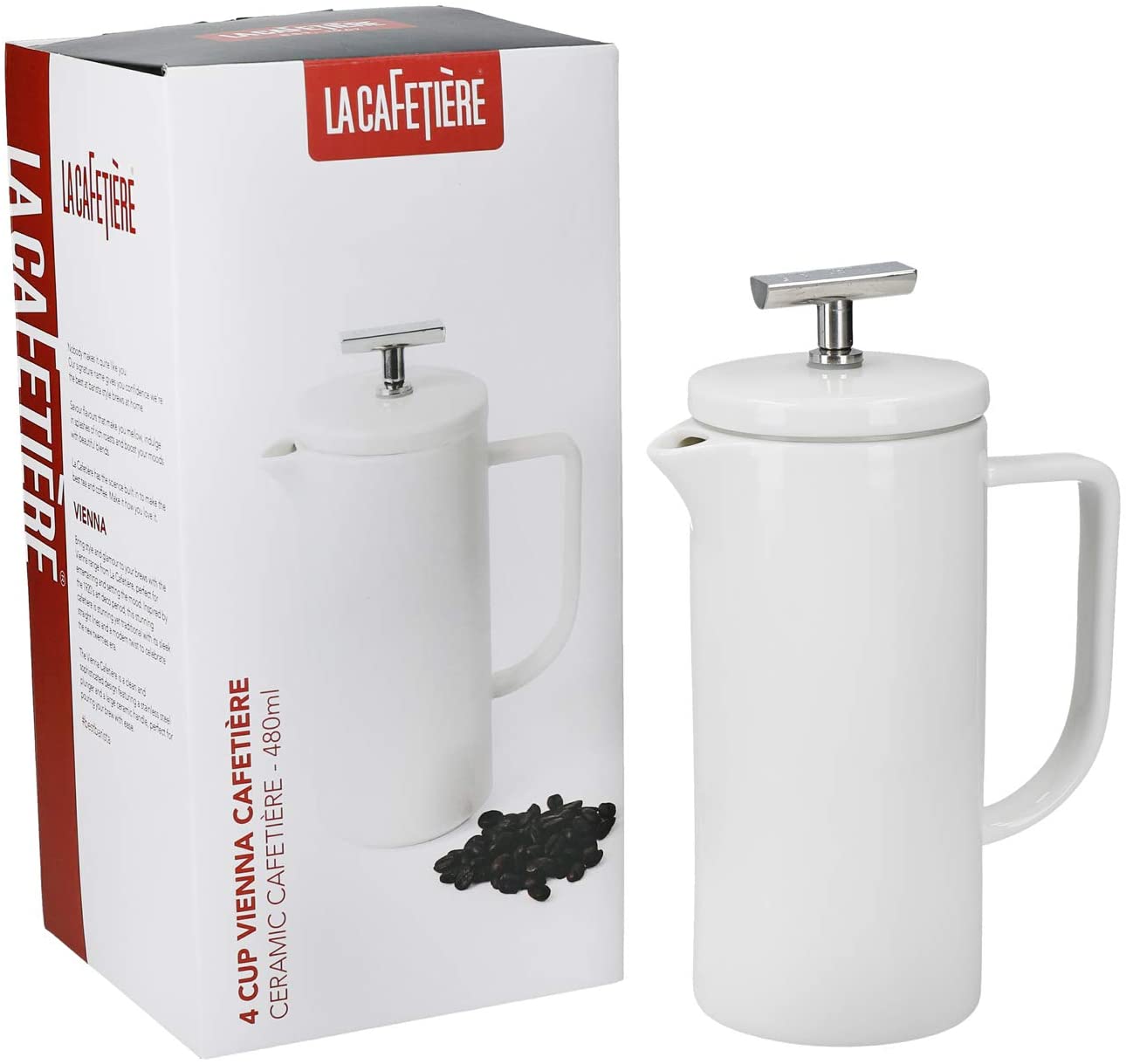 La Cafetiere La Cafetière Vienna Cafetière 4 Cup Small French Press Coffee Pot in Gift Box, Ceramic, White, 480 ml Capacity
