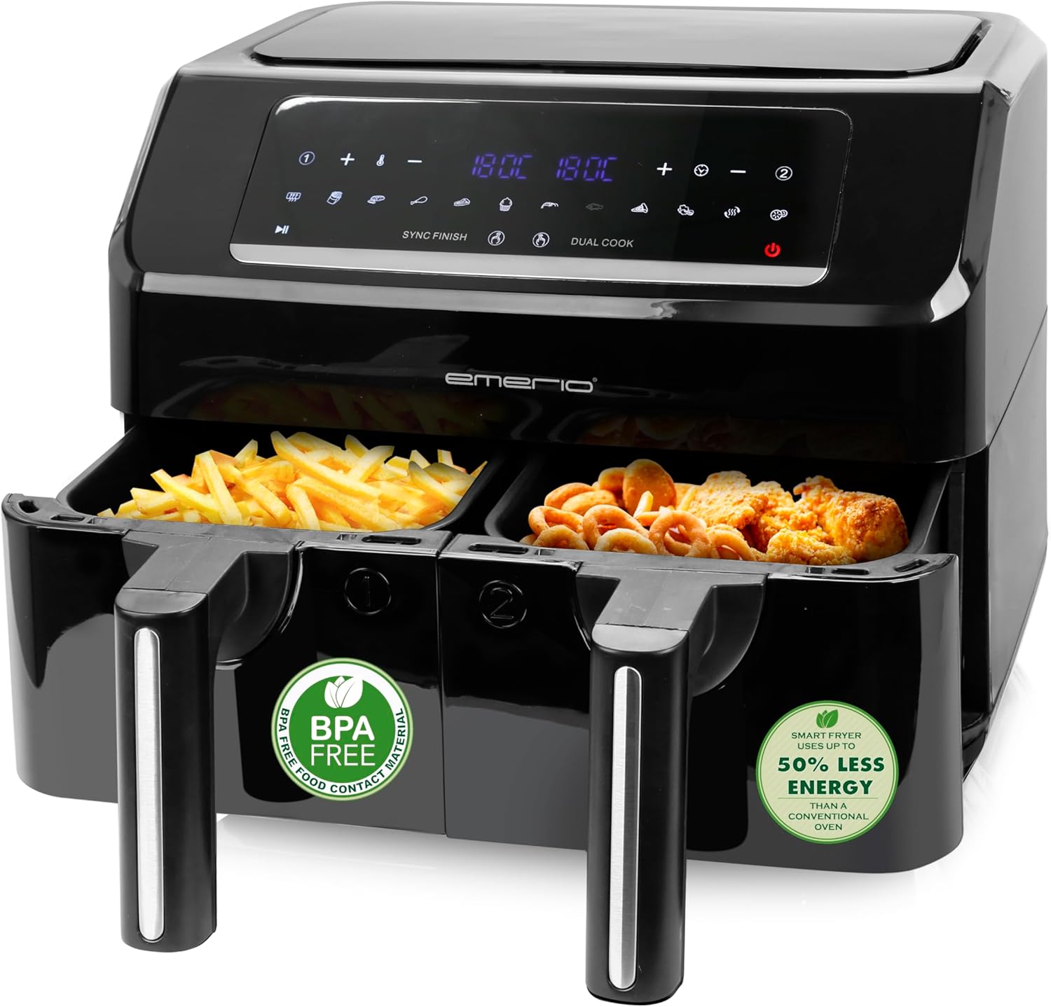 Emerio AF-130376.1 Digital Double Air Fryer AirFryer Frying with Hot Air without Additional Oil 2x 3.6L Volume 12 Programs BPA Free SYNC Finish Function (Both Ready at the Same Time)