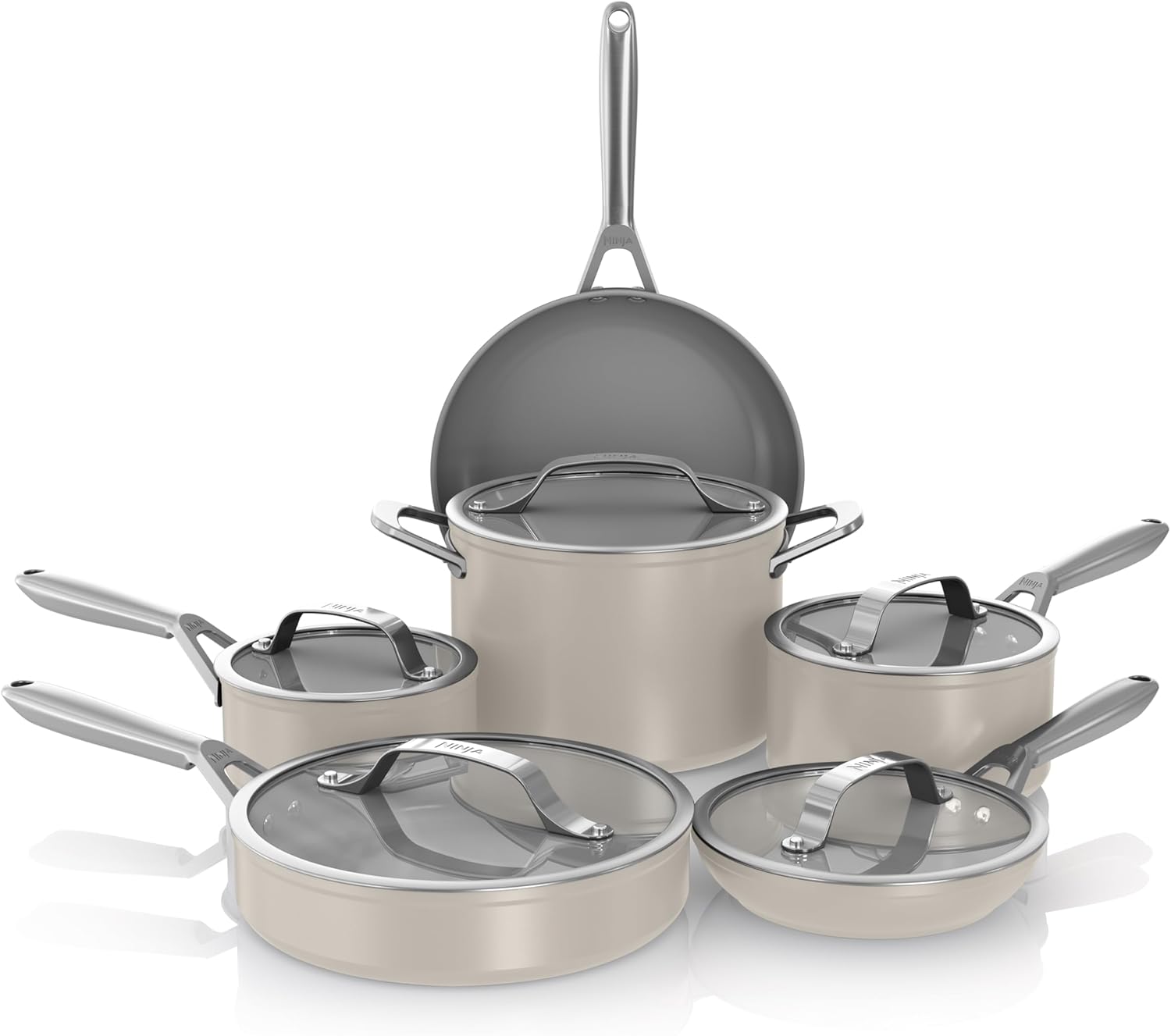 Ninja Ceramic Pro CW39011ST 11-Piece Non-Stick Cookware Set, Pots & Pans Set with Glass Lid, PTFE Free, Ceramic Coated, Oven Safe, All Hob Types & Induction Compatible, Stone,