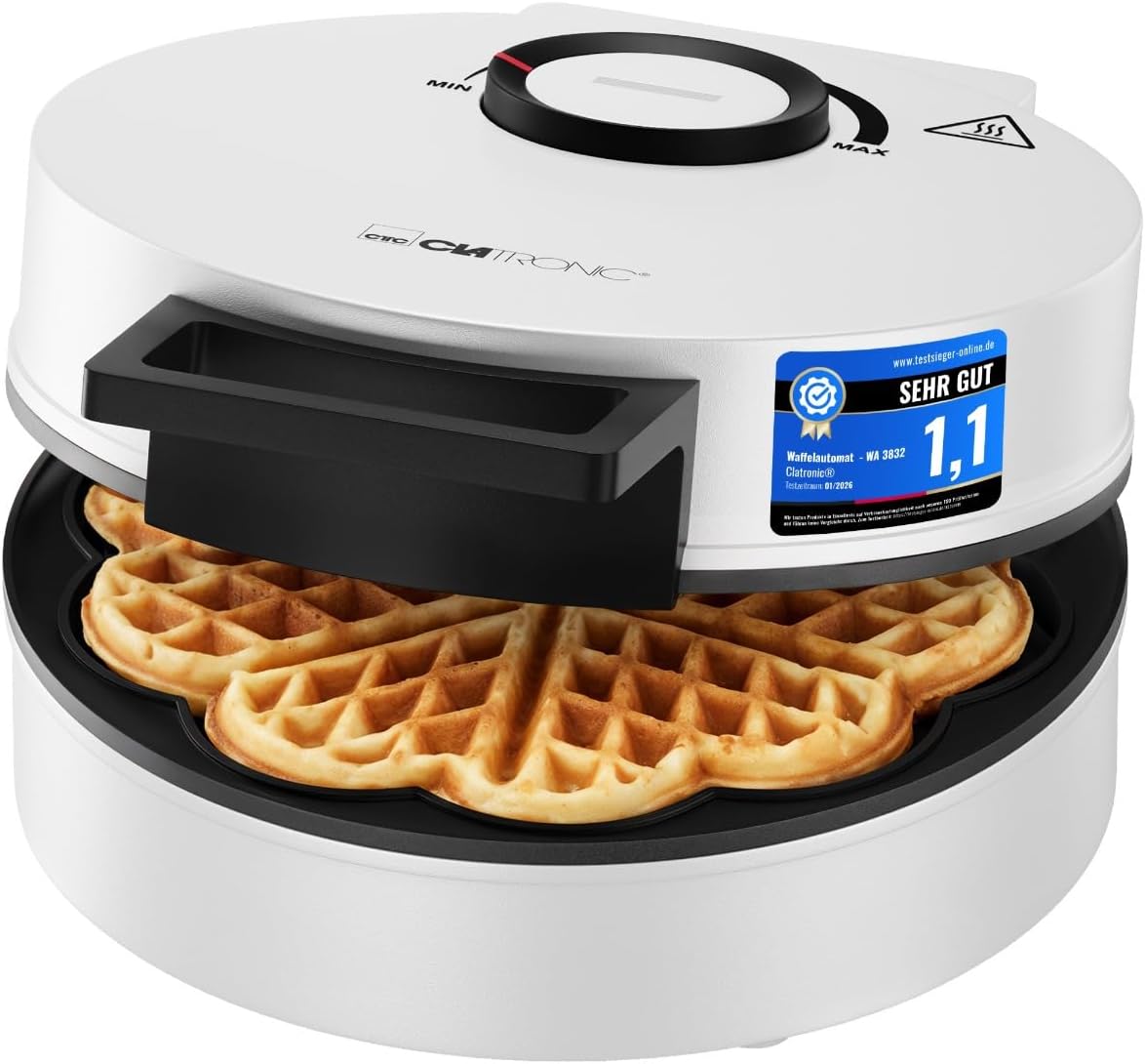 Clatronic Store Clatronic WA 3832 Heart-Shaped Waffle Iron with Non-Stick Coating Continuous Control for Browning as Desired Waffle Maker Heart Waffle Iron 1200 W White