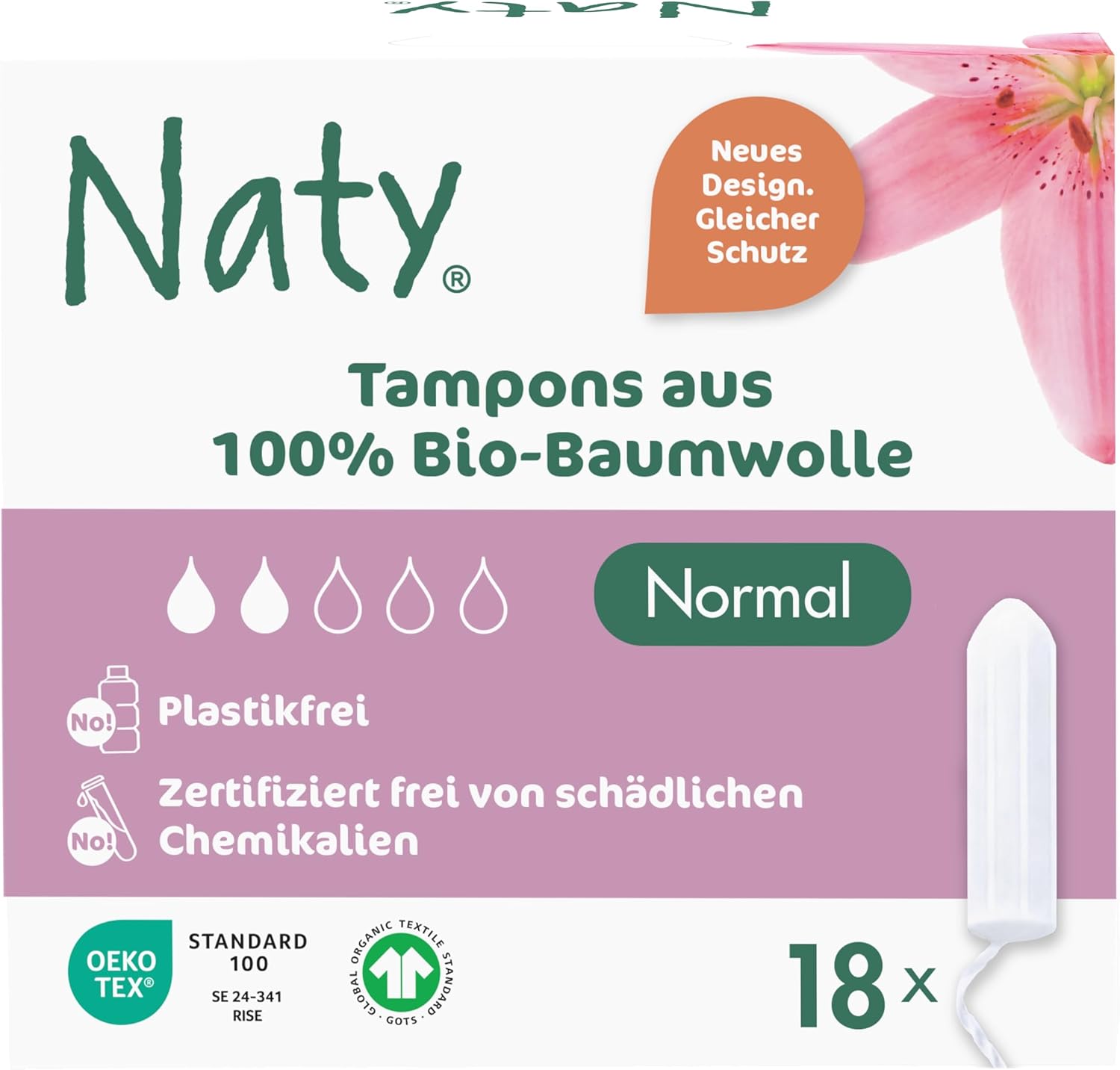 Naty Store Naty Normal Tampons Made of 100% Organic Cotton | Free from Harmful Chemicals | Plastic Free | No Fragrances | Hypoallergenic | Gynecologically Tested | Natural Leak Protection | Vegan | Pack of 18