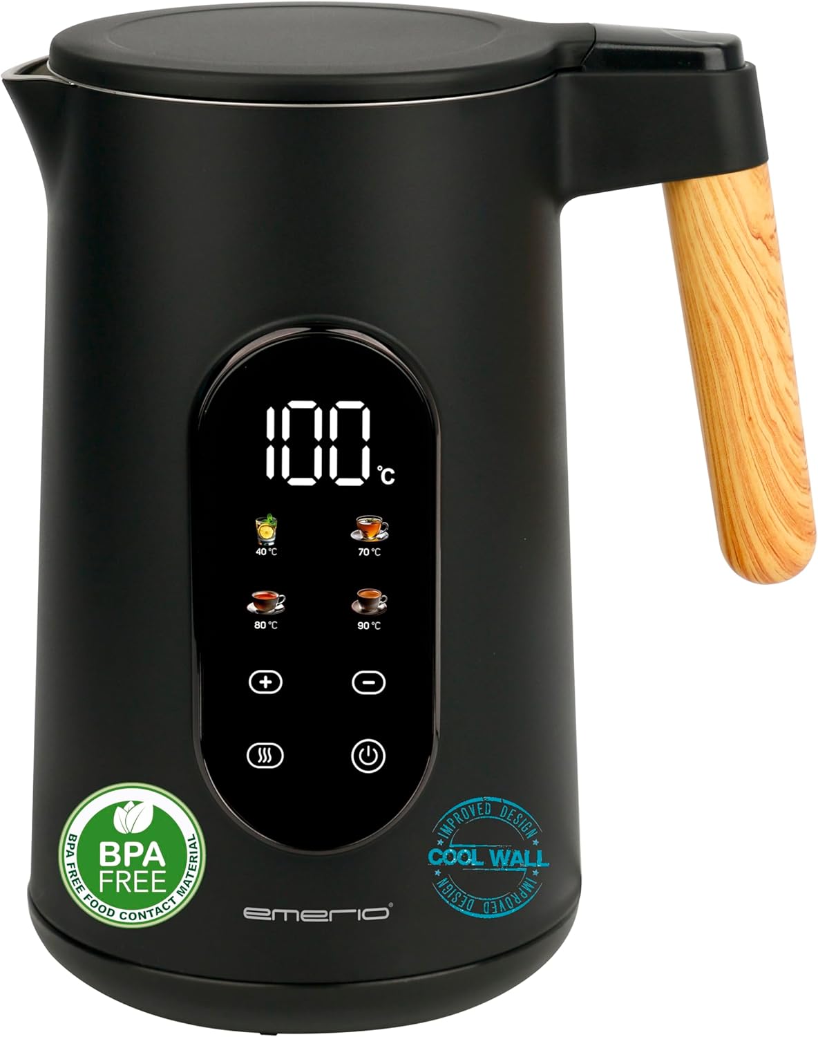 EMERIO Kettle Stainless Steel 1.7 L | Insulated Double Wall | Temperature Selection 40-100°C in 5°C increments | Display with Pre-programmed Tea Types | BPA Free | 2200 W | Auto Off | Keep Warm |