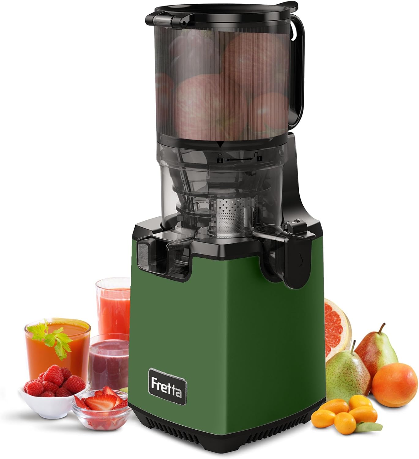 Fretta Juicer Slow Juicer Test Winner, Juicer Vegetable and Fruit, 135 mm Opening and 1.8 L Juicer Machine Juicer with Reverse Function, Easy Assembly and Cleaning, 100% BPA Free, 250 W (Dark Green)
