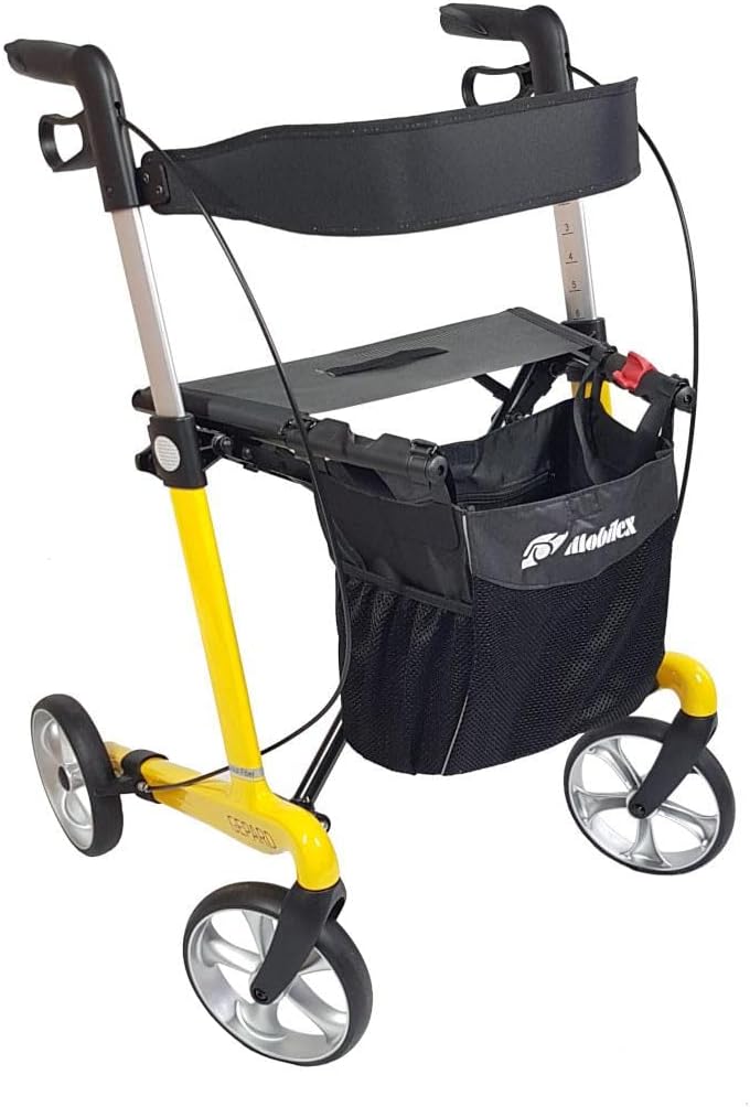 FabaCare Premium Cheetah Rollator Carbon Fibre Carbon Foldable with Full Equipment, Bag, Back Strap, Stick Holder, Seat, Carbon Rollator up to 150 kg, Seat Height 62 cm, Yellow