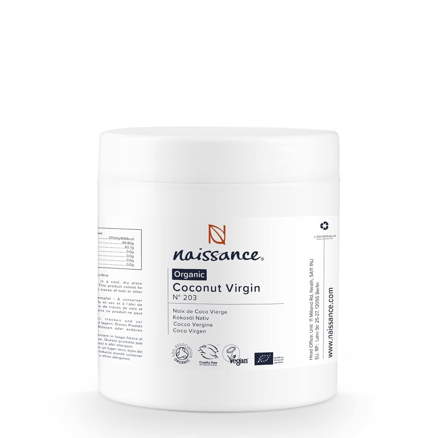 Naissance Coconut Oil Virgin Organic (No. 203) 500 g - Cold Pressed, Vegan, GMO Free - 100% Pure and Natural Coconut Oil