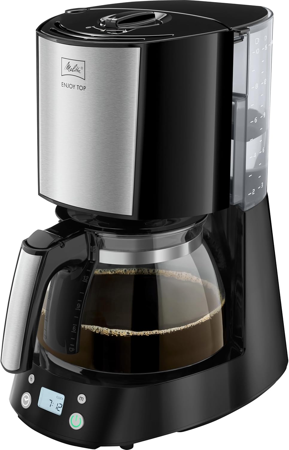 Melitta 1017-11 Enjoy Top Timer Filter Coffee Machine with Glass Pot, Timer Function and Patented Aroma Selector, Automatic End Shut-Off, Stainless Steel, 1.2 Liters, Black