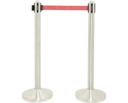Extendable stainless steel bollard set including base and red nylon strap, 205 cm