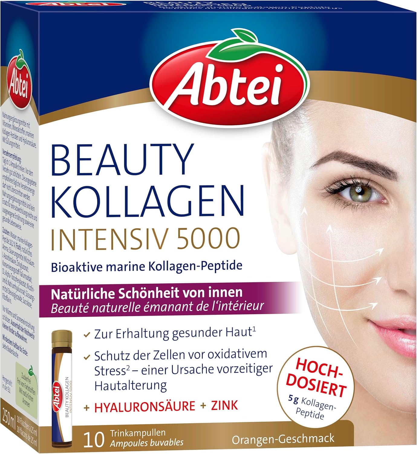 Abtei Beauty Collagen Intensive 5000 – Drinkable Beauty – High Dosage – with 5 g Collagen Peptides, Hyaluronic Acid, Zinc, Vitamin C – 10 Drinking Ampoules