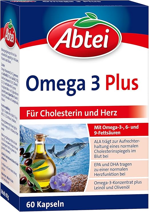 Abtei Omega 3 Plus - Dietary Supplement Rich in Omega-3 Fatty Acids for Cholesterol Levels and Heart Function - with Vitamin E and Folic Acid - 1 x 60 Capsules