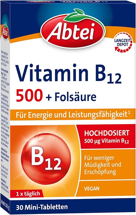 Abtei Vitamin B12 Plus Folic Acid - for Energy and Performance - High Dose with 500 μg Vitamin B12 and 200 μg Folic Acid, 1 x 30 Tablets