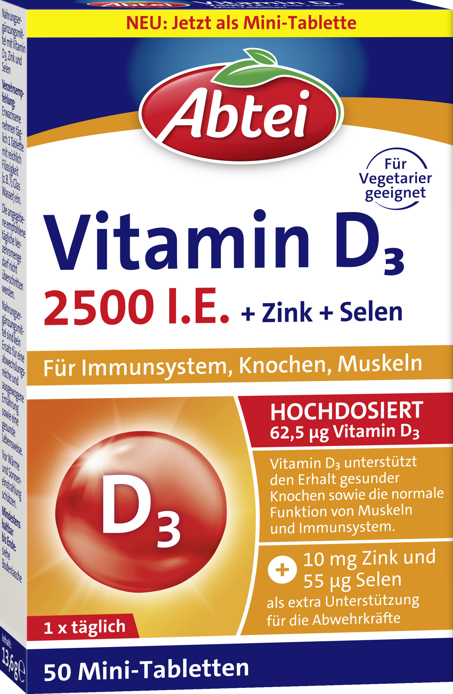 Abtei Abbey Vitamin D3 2500 IU + Zinc + Selenium, 50 capsules