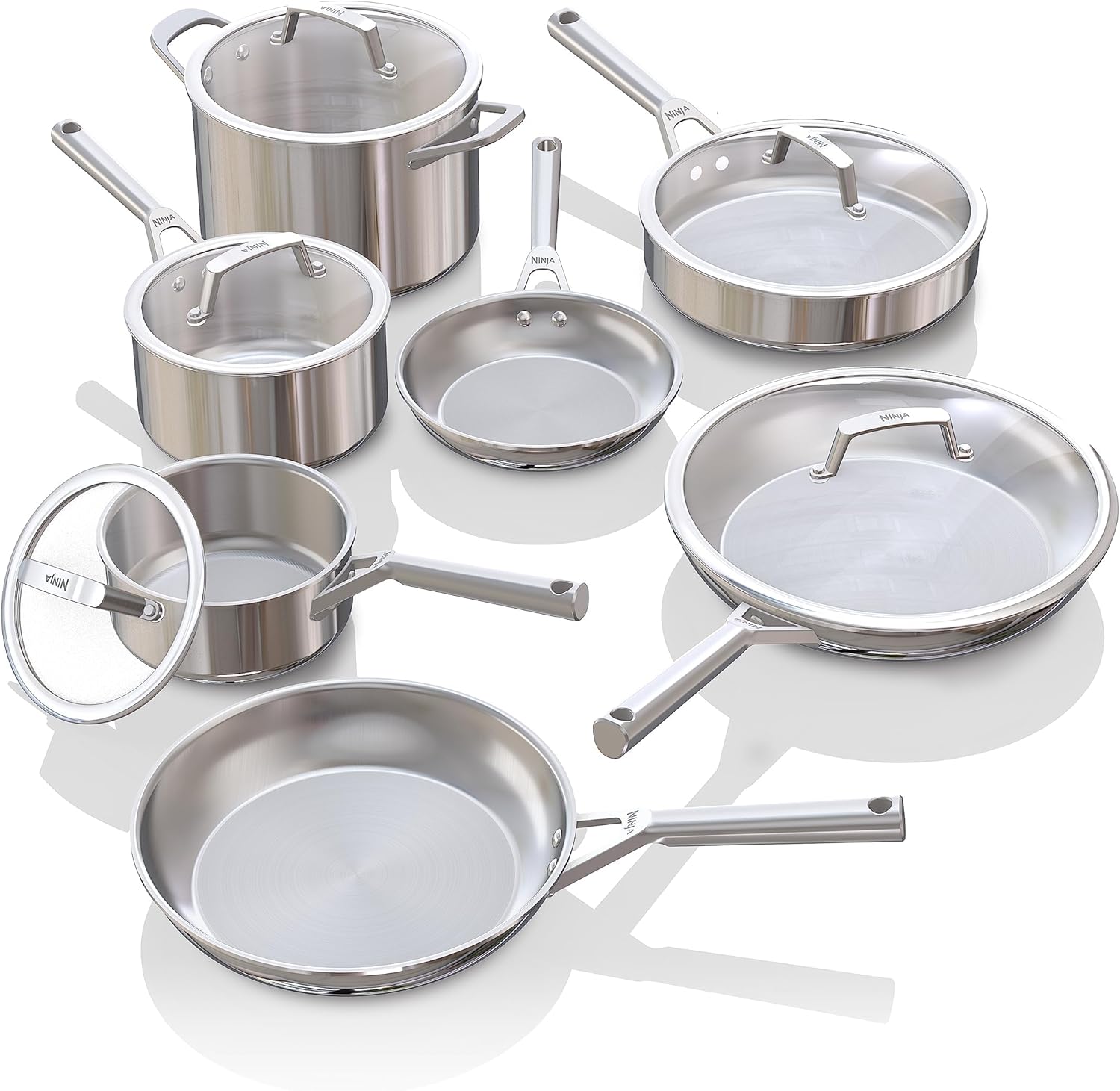 Ninja EverClad C99012 12-Piece Stainless Steel Cookware Set - 12-Piece Saucepan and Pan Set, All Stove Types and Induction Hobs, Oven Safe to 315°C, Triple Ply, Commercial Grade, 12-Piece