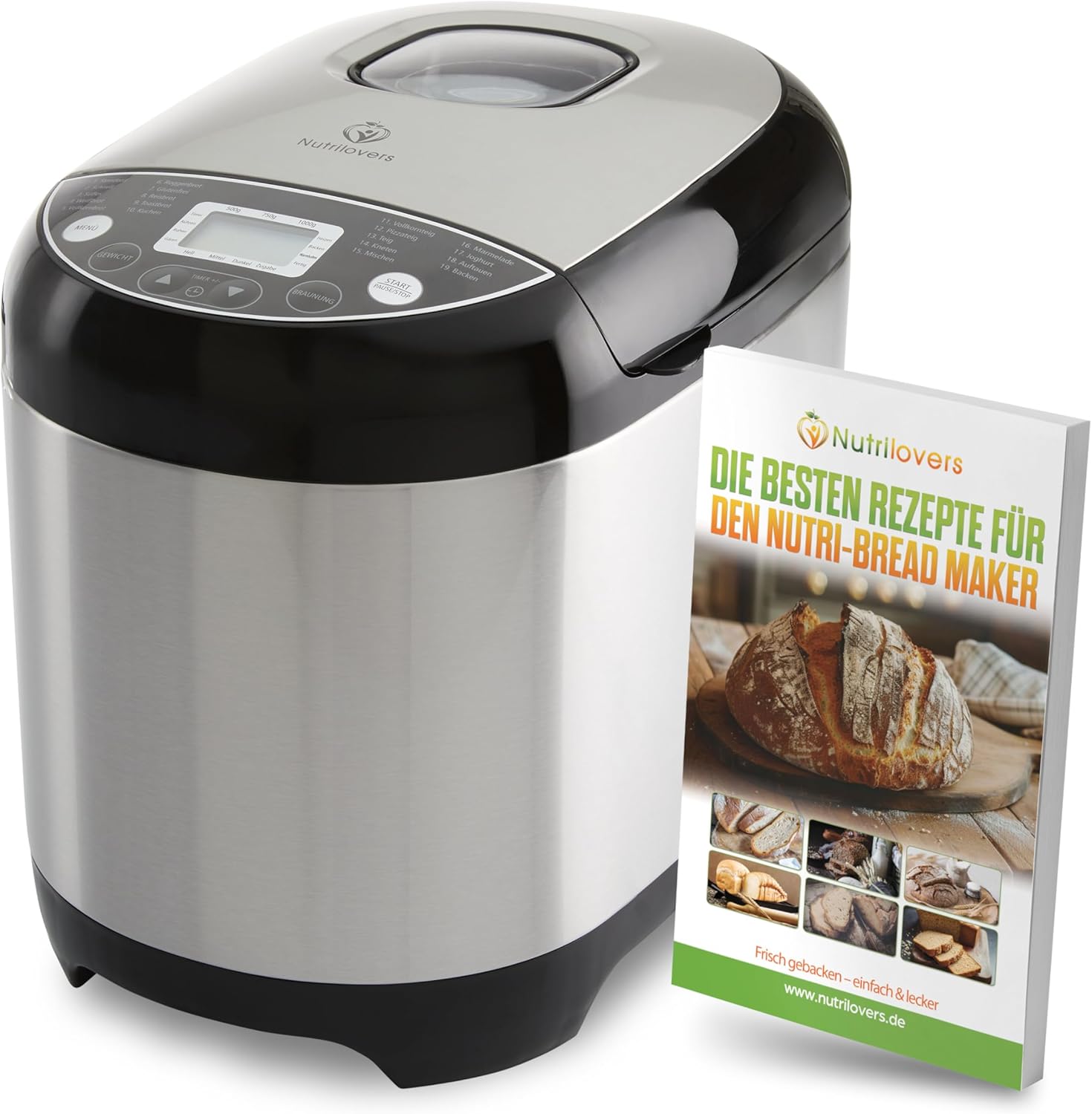 Nutrilovers Nutri Bread Maker Stainless Steel Bread Maker with 19 Programs, 3 Browning Levels, Timer, 3 Bread Sizes (500 g, 750 g, 1000 g) Includes Recipe Book