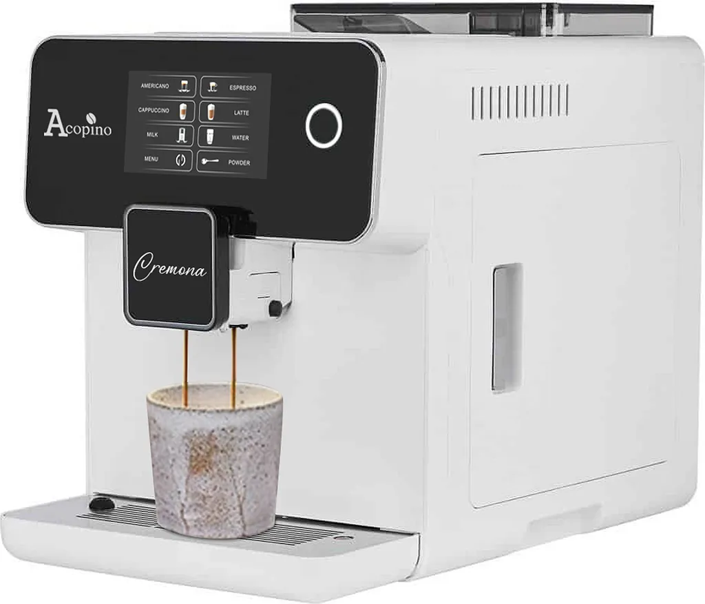 Acopino Cremona fully automatic coffee machine, white – one-touch operation, integrated milk system, quiet grinder, premium design