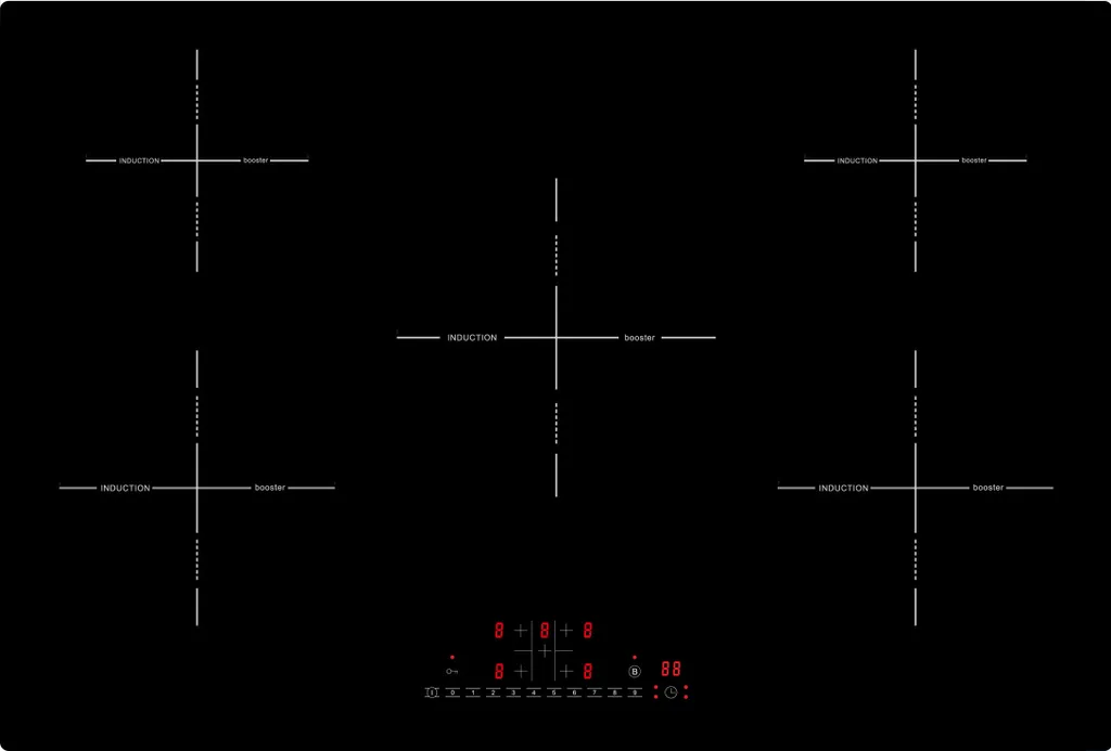 Acopino glass ceramic induction hob with power booster, self-sufficient, 77cm built-in hob KMI5 with sensor touch control, 5 cooking zones