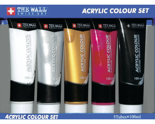 Acrylic paint set 5-piece white, red, gold, silver, black 100 ml
