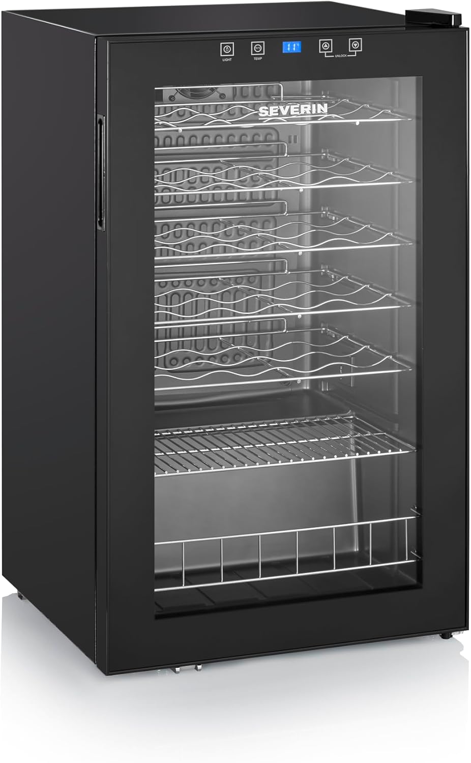 SEVERIN WKS 8908 Wine Fridge 95 L Volume for Max. 36 Bottles 0.75 L Wine Temperature Control Cabinet with LED and Touch Display, Temperature Adjustable from 5-18 °C, Only 42 dB, EEK G, Black