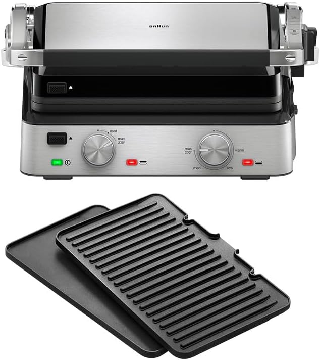 Braun Store Braun MultiGrill 7 CG7020, 3-in-1 Contact Grill, BBQ & Oven, Large Grill Surface (12 Burgers), 2000 W, 230°, Dishwasher Safe (Plancha & Grill), Grease Tray, Electric Grill Indoor