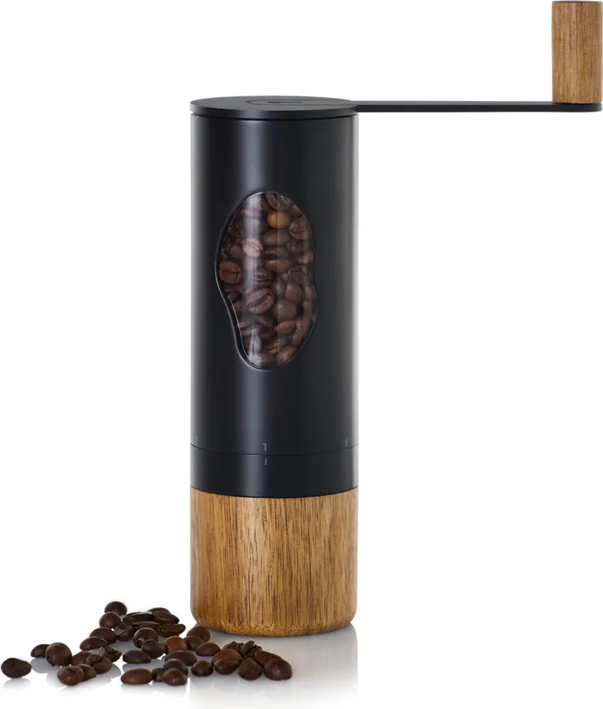 AdHoc MC03 Coffee Grinder with Crank and Ceramic Grinding Mechanism Mrs. Bean, Stainless Steel | Acacia Wood | Acrylic