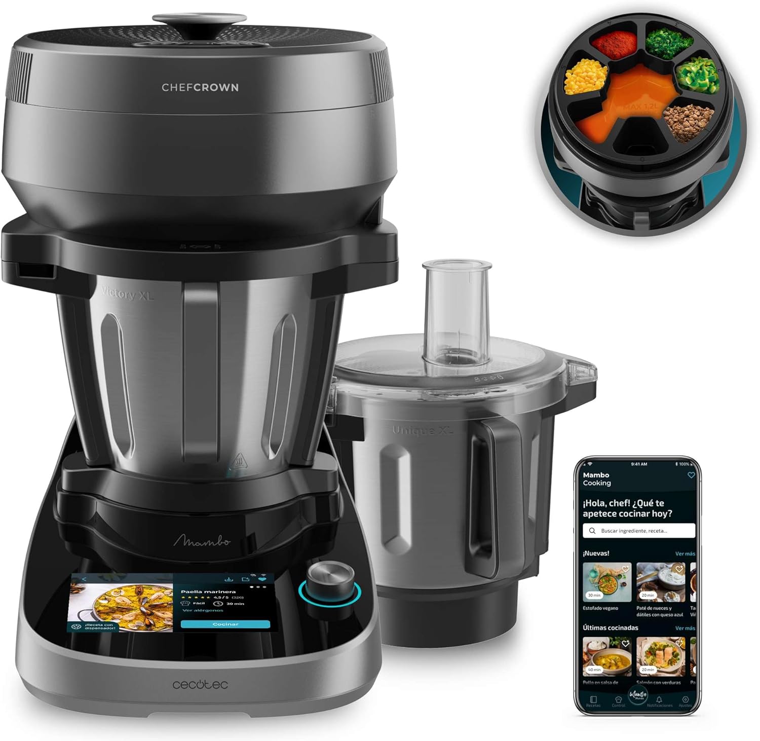 Cecotec Mambo CooKing Total Gourmet Essential Kitchen Robot with Food Dispenser, 2200W, 45 Functions, Thousands of Guided Recipes, 5L Unique Jug and 5L Victory Jug, Accessories