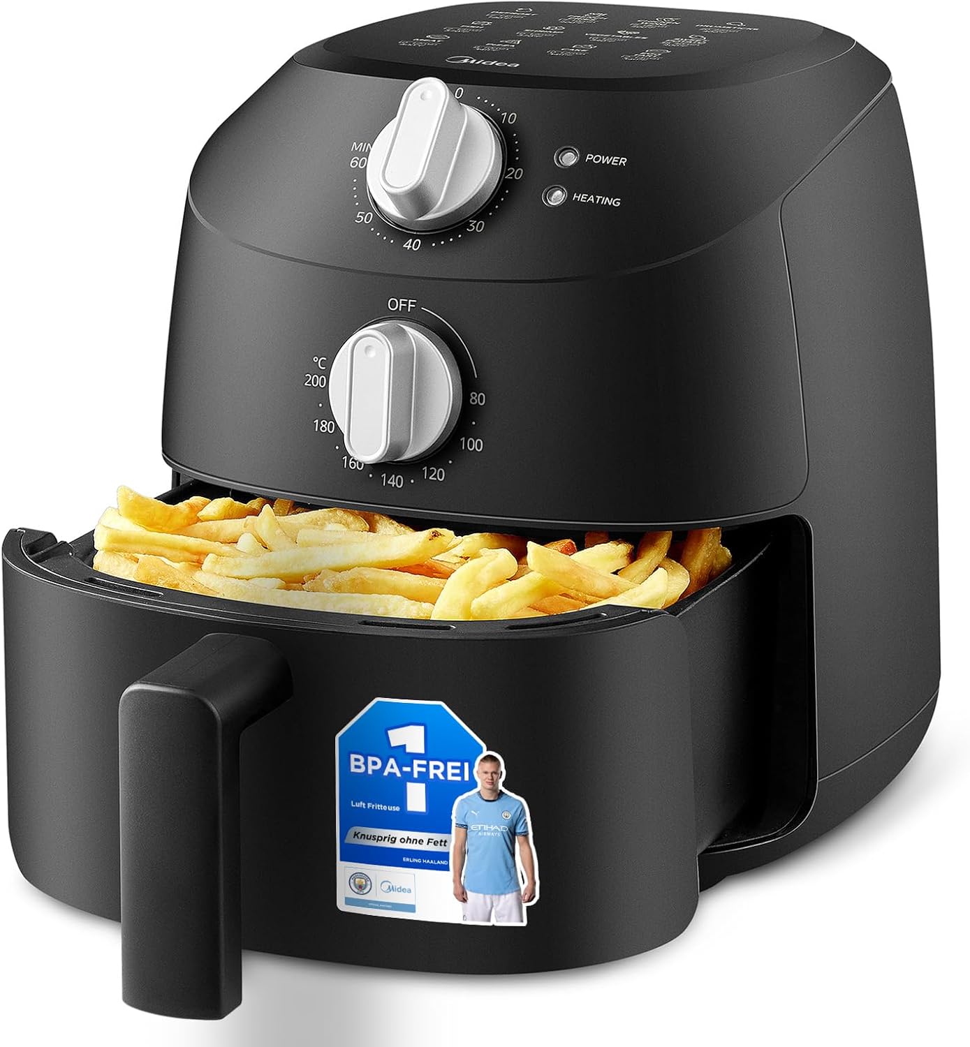 Midea Hot Air Fryer 2L, 1150 W Airfryer, Frying without Oil, Hot Air Fryers, Automatic Shut-Off Function, Oil-Free, Easy to Clean, BPA-Free, Black