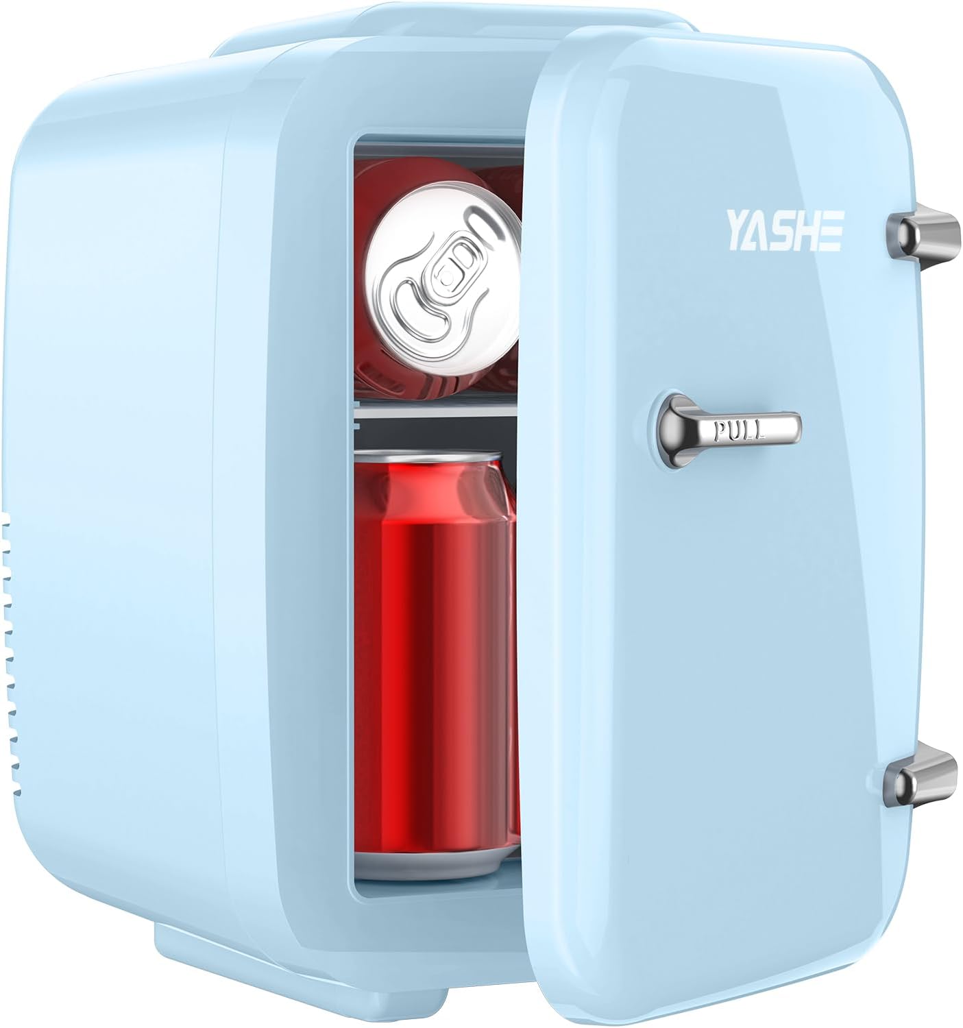 YASHE Mini Fridge, 4 Liter Mini Refrigerators for Cosmetics, Drinks, 220 V AC/12 V DC Thermoelectric Cooling and Heating, Small Fridge for Bedroom, Office, Dorm, Car (Blue)