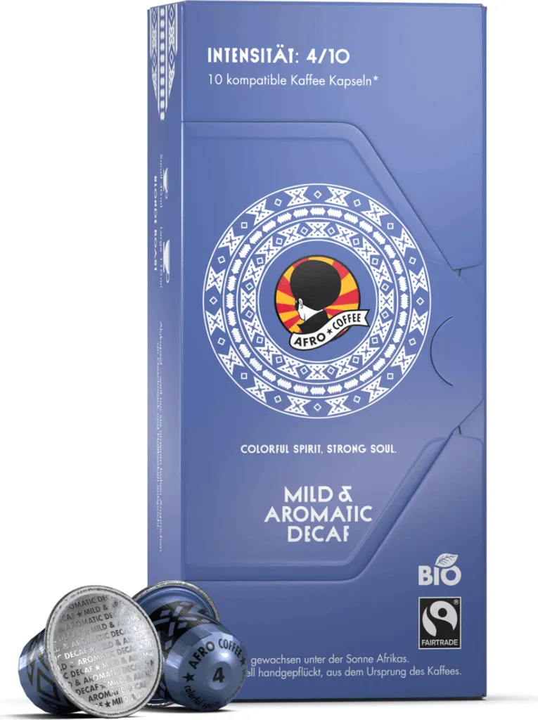 AFRO COFFEE Mild & Aromatic Decaf Premium Coffee Capsules 10 pieces - Fairtrade Arabica decaffeinated coffee capsules from AFRO COFFEE