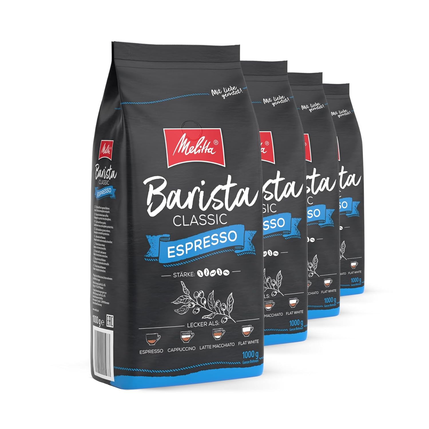 Melitta Barista Classic Espresso, Whole Coffee Beans 4 x 1 kg, Unground, Coffee Beans for Fully Automatic Coffee, Strong Roasting, Strength 5, in Tray