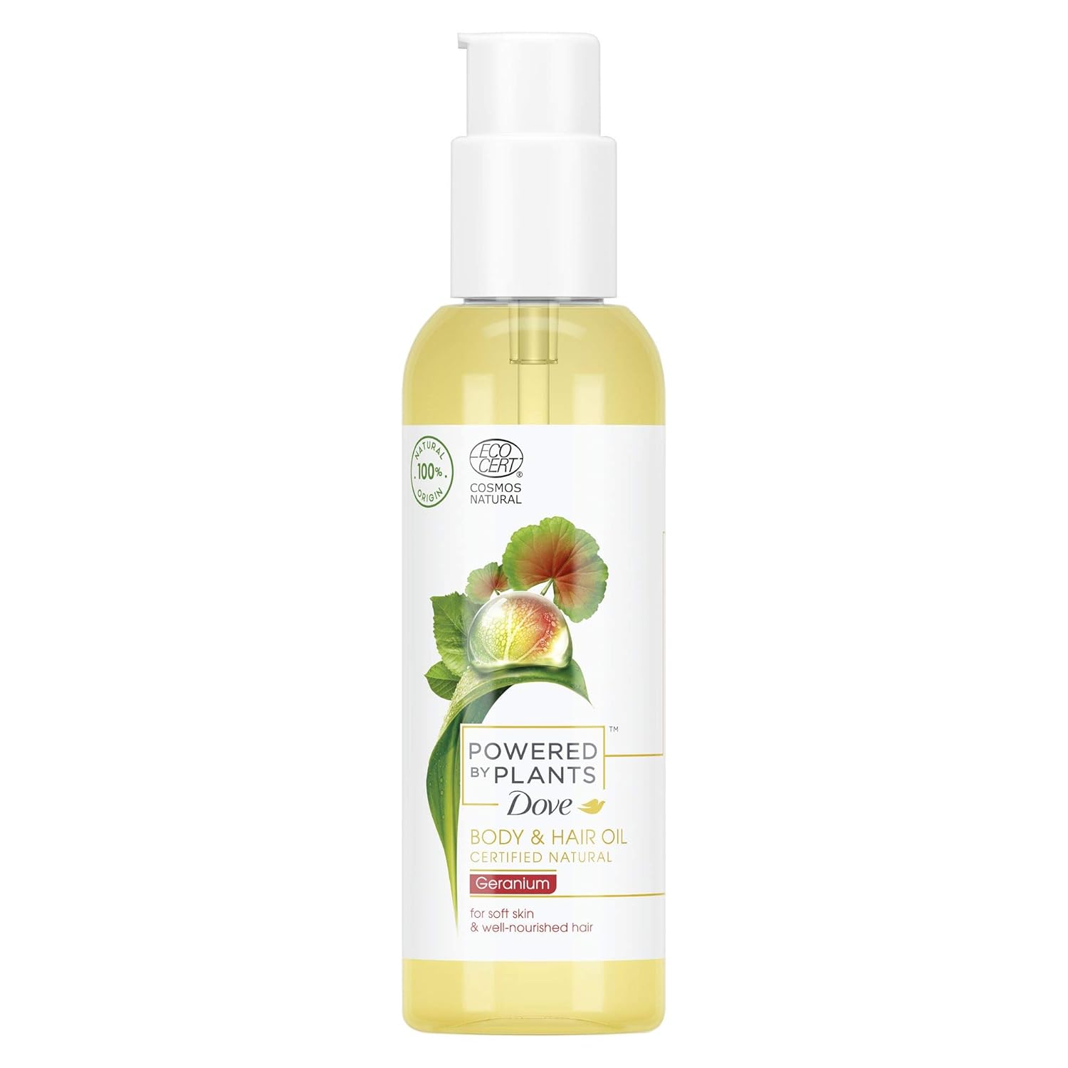 Dove Powered by Plants Natural Cosmetics Body and Hair Oil Geranium with Plant-Based Active Ingredients for Soft Skin and Nourished Hair, Dove, Geranium, 100 ml