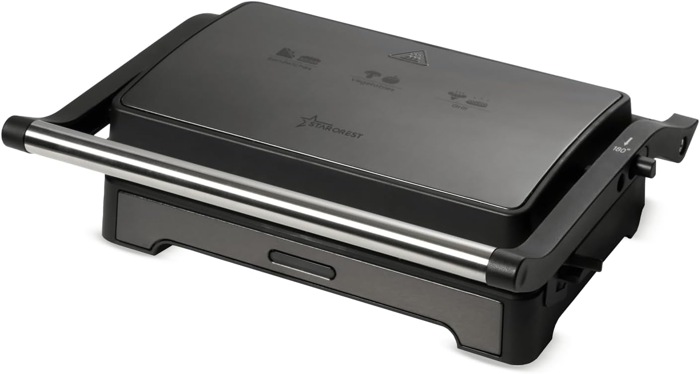 STARCREST Sandwich Maker 180° Opening in Contact Grill or Panini Grill Format, 23 x 15 cm, Non-Stick Sandwich Toaster with Ceramic Plates for Sandwiches, Meat and Vegetables, 1000 W, LED Light