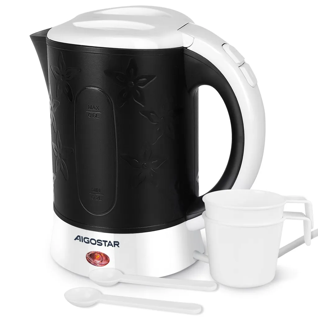Aigostar - 0.6 L Travel Kettle, Mini Kettle Small 650W, Camping, 2 Cups and 2 Teaspoon Capacity, Automatic Shut-Off with Boil-Dry Protection, Black
