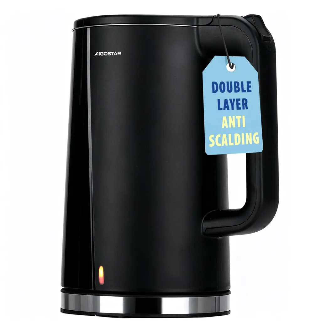 Aigostar - Double-walled stainless steel kettle, 2200W, 1.7 L, black