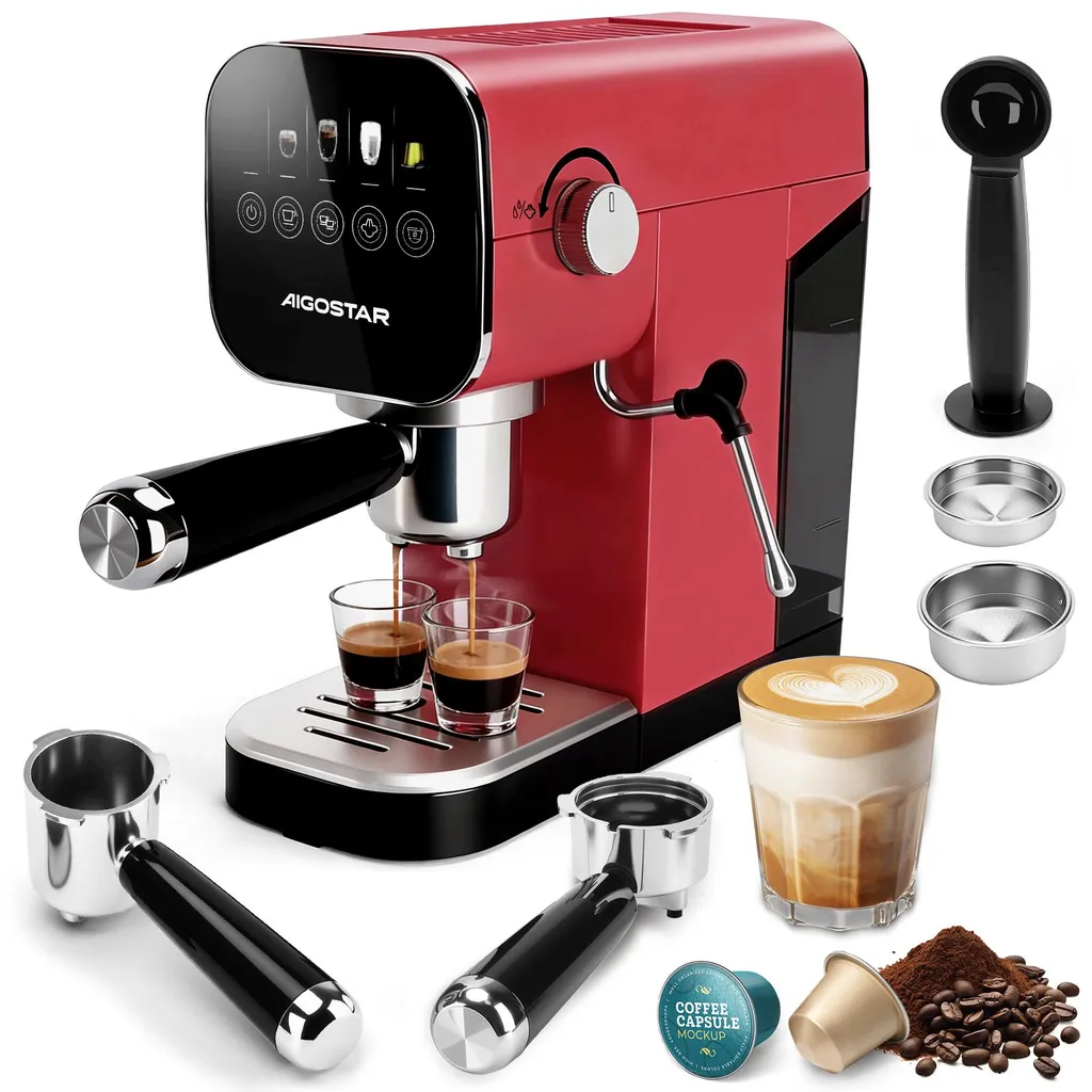Aigostar - Espresso machine, compatible with capsules and ground coffee, 20 bar, digital touch panel, 1/2 cup, red