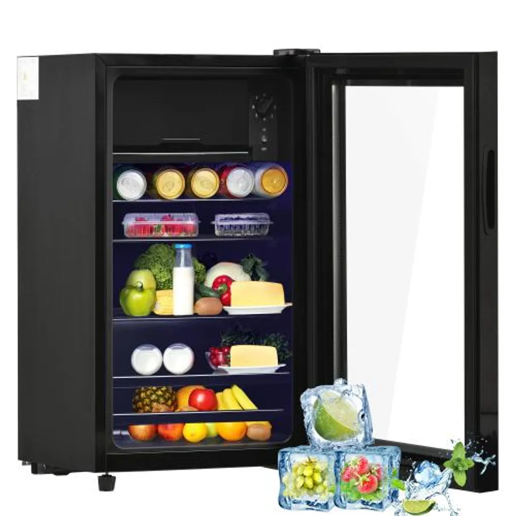 AIORBER 76L Mini Cooler with 6L Freezer Compartment, LED Light, Quiet Operation, Energy Efficient, Glass Door & Adjustable Shelves – Black