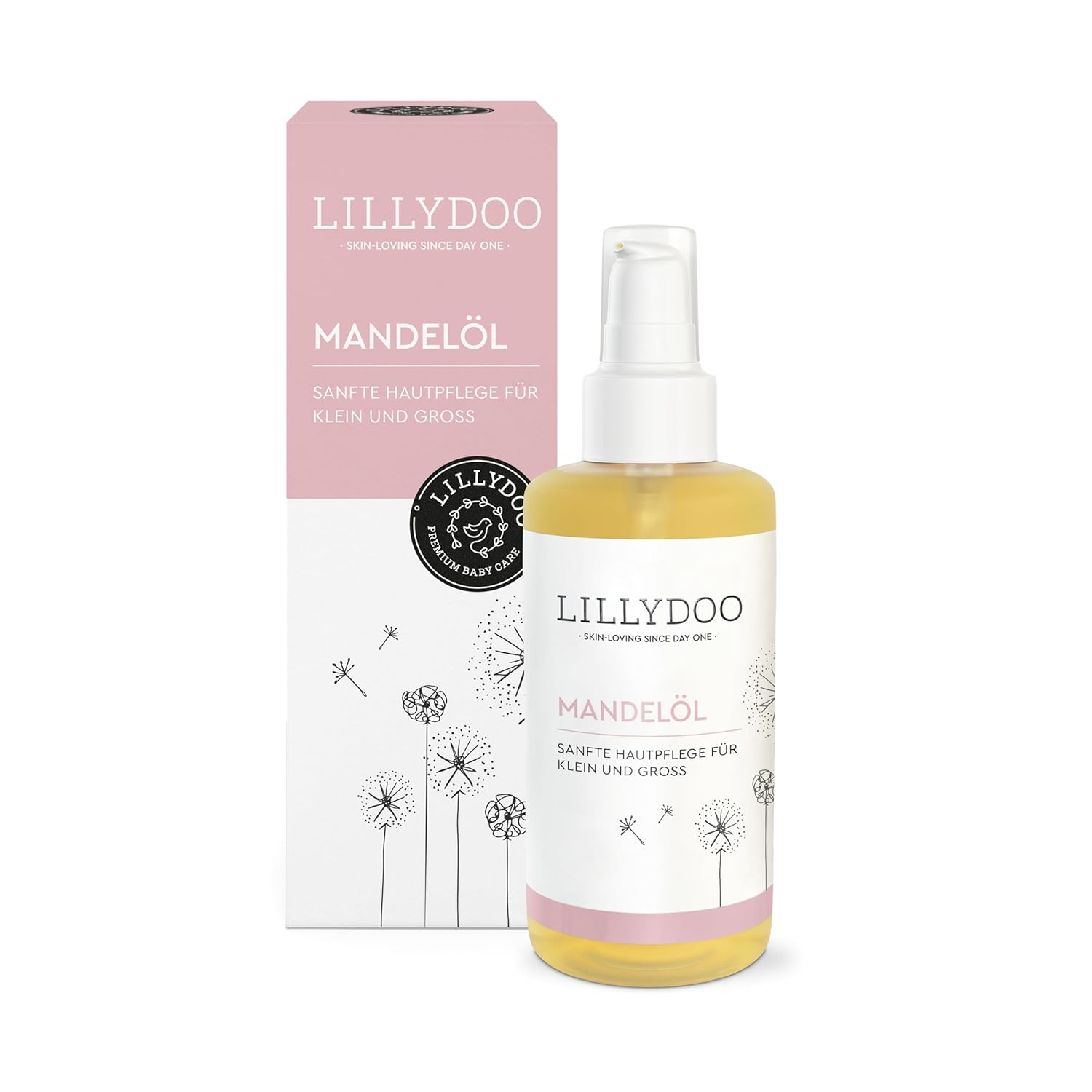 LILLYDOO Fragrance-Free Baby Oil Almond, 99% Pure Almond Oil Cold Pressed with Vitamin E for Baby Care, Vegan Natural Food, Dermatest Very Good in High-Quality Glass Bottle (100 ml)