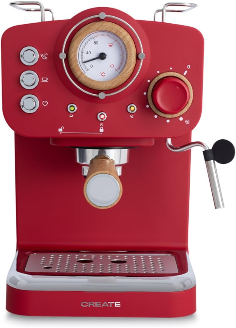 CREATE Thera Matt Retro Espresso Machine Red Matt and Wood Semi-Automatic with 15 Bar Pressure Pump and 1100 W 1.25 L Water Container for Ground Coffee 55 mm ESE Pads
