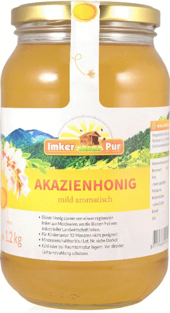 Acacia honey from ImkerPur, 1.2 kg, mildly aromatic, with a fine marzipan note