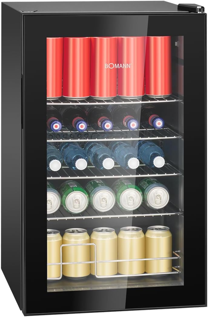 Bomann Drinks Refrigerator, 63 Liters, Infinitely Adjustable +3-10°C, Bottle Fridge with Glass Door, 4 Shelves & LED Lighting, Quiet, Energy Efficient & Compact, for Bottles and Cans | KSG 7287