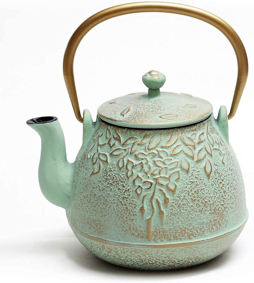 Toptier Japanese Cast Iron Teapot with Stainless Steel Tea Infuser Durable Cast Iron Kettle Set, Retro Design Teapot Coated with Fully Enamelled Interior (32 oz/950 ml, Green)