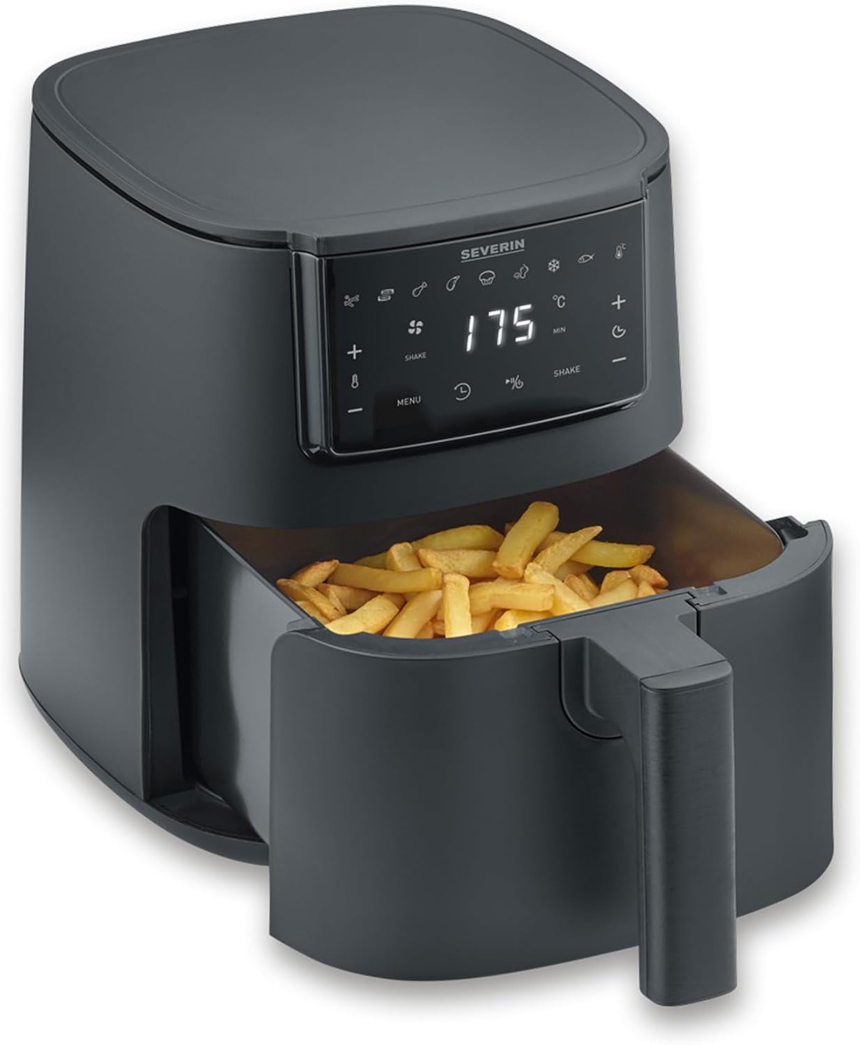 SEVERIN FryLight Single Hot Air Fryer, Versatile Preparation, Chips, Steak, Vegetables, Touch Display, 8 Automatic Programmes, Keep Warm Function, 4L, Non-Stick Coating, 1300W, Black, FR 2461