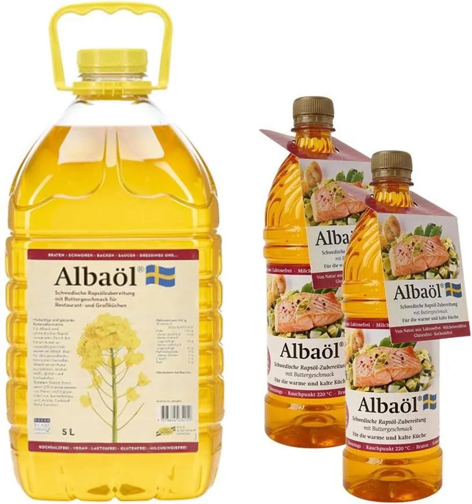Albaöl Promotion - Rapeseed oil with butter flavor in a 5L canister + 2 x 0.75L free – Ideal for frying, baking & refining"