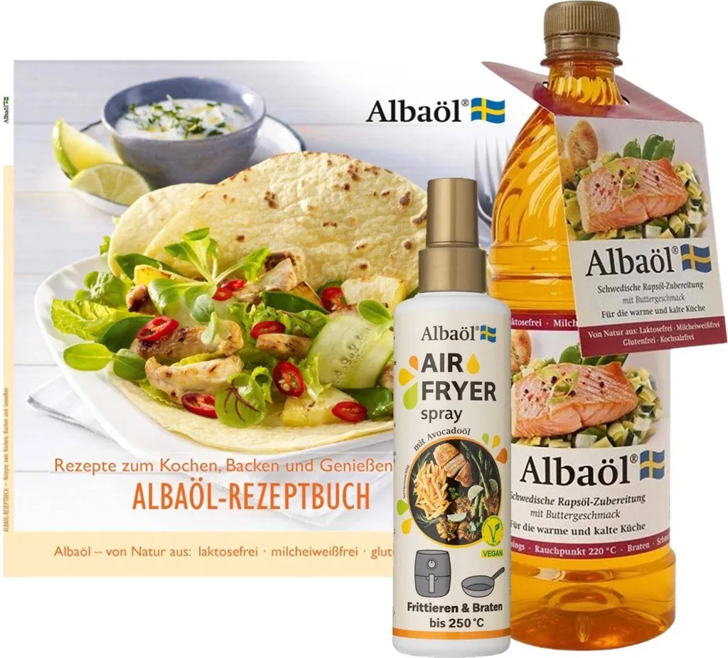 Hermann Fuchs OHG Albaöl - Recipe book "Recipes for cooking, baking and enjoying" + Air Fryer Spray, 190 ml bottle + Albaöl, 750 ml bottle
