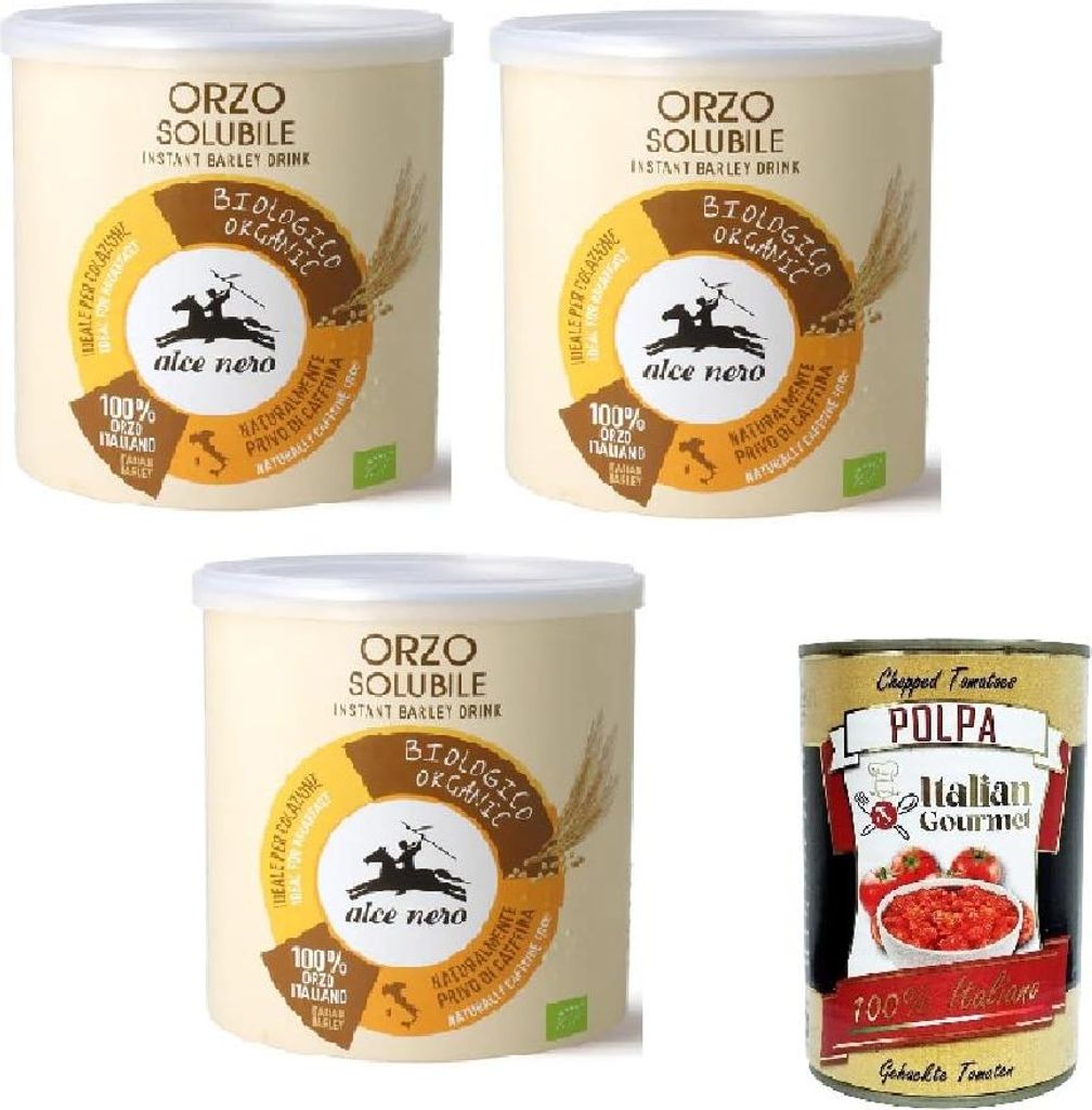 Italian Gourmet E.R. Alce Nero Orzo solubile, Classico Instant soluble barley grain coffee, 3 x 125g + Italian Gourmet polpa 400g
