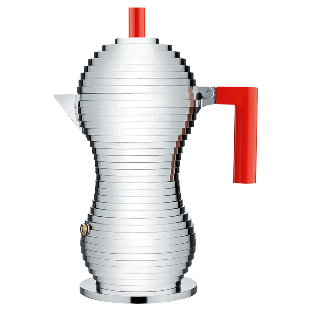 Alessi MDL02/6 R Pulcina Espresso Machine - Cast aluminum. Handle and knob made of PA, red. 6 cups, 7.5 x 14.5 x 26 cm
