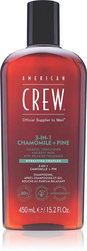 American Crew 3 in 1 Chamimile + Pine Shampoo, Conditioner and Shower Gel 3 in 1 for Men