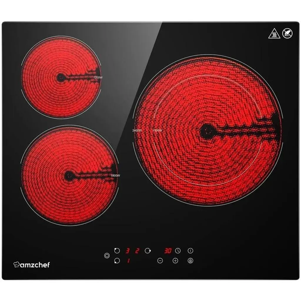 AMZCHEF Glass Ceramic Cooktop 60cm Hob 3 Cooking Zones 5400W with 9 Power Levels