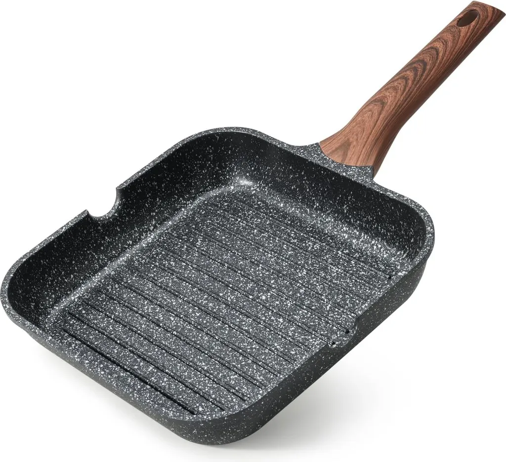 snq Non-stick grill pan, 24 cm square pan for induction, granite coating, spout, versatile for indoor cooking, PFOA-free