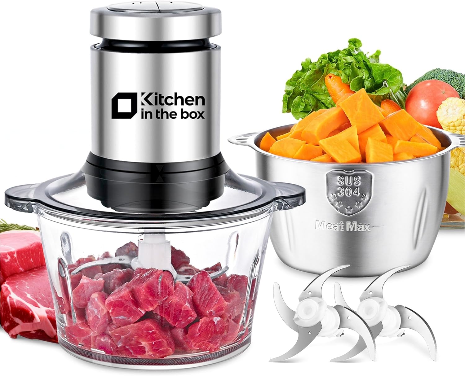 Kitchen in the Box Electric Kitchen Chopper 400 W Multi Chopper Meat Grinder with 2 Bowls (2L + 2L) and 2 Bi-Level Stainless Steel Blades, Universal Chopper for Meat, Vegetables, Onions, Fruit