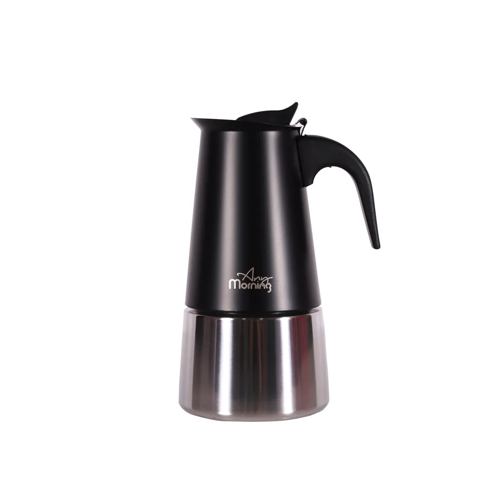 Any Morning Stovetop Espresso Coffee Maker, Stainless Steel Induction Moka Pot Compatible with All Hob Types, Italian Coffee Maker, Coffee Pot 6 Cups, 300 ml, Black